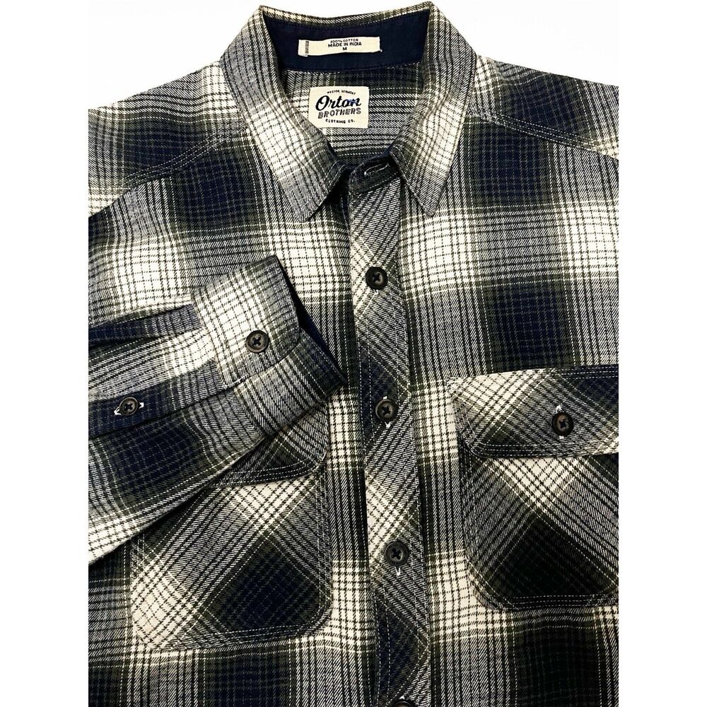 Orton Brothers Blue/Grey Plaid Long Sleeve Heavyweight Flannel Shirt Size Medium